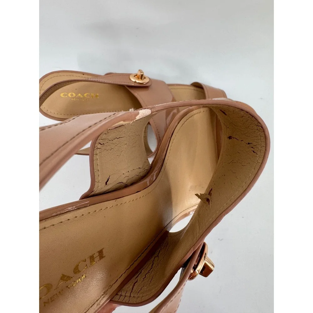 Coach Slingback Sandals Women 10B Tan Patent Leather Turnlock Kitten Heels Read